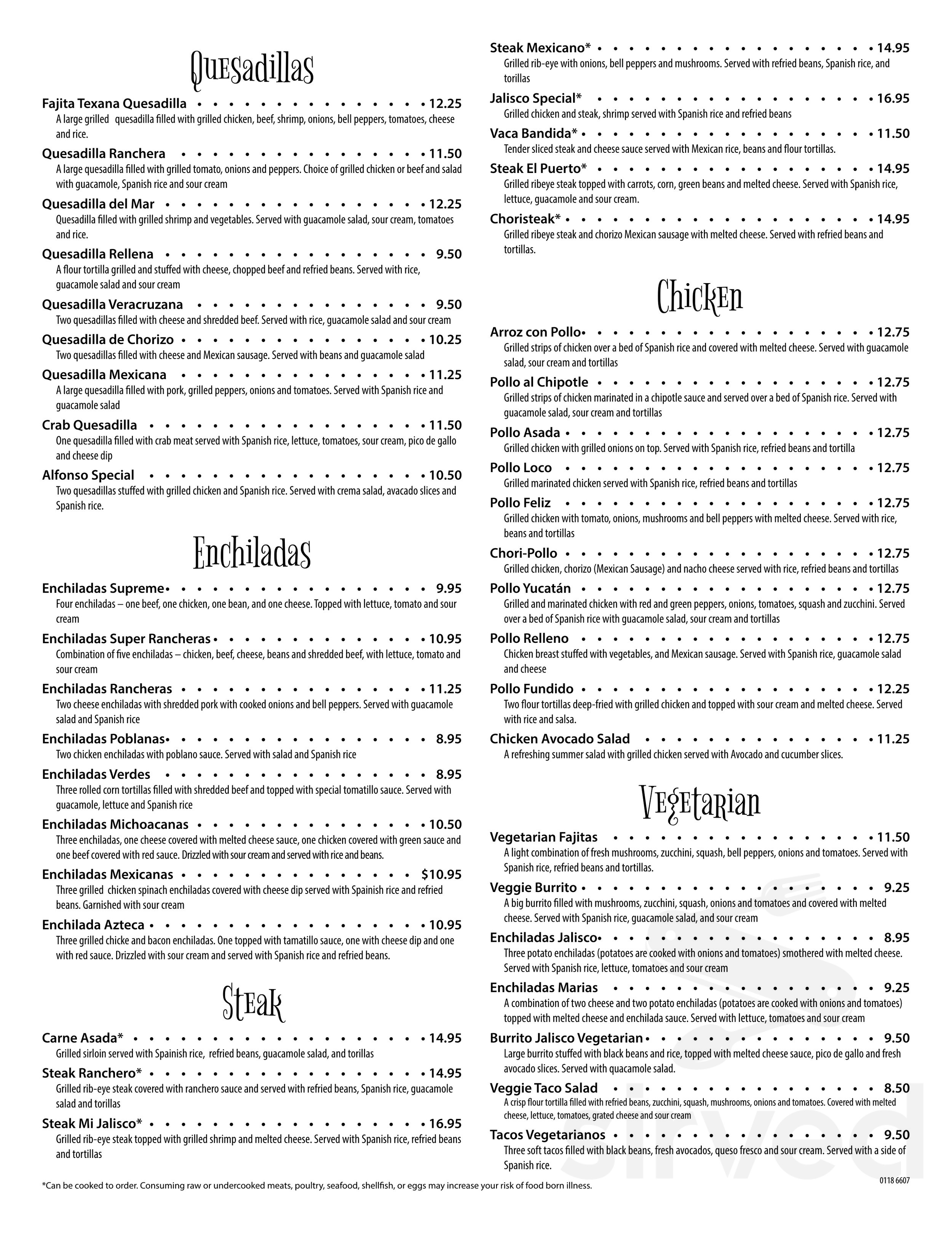 Mi Jalisco menu in Urbanna, Virginia