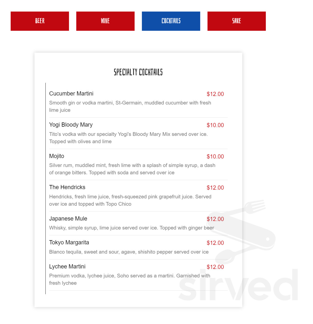 Yogi's Sushi and Sports Bar menu in Dallas, Texas, USA