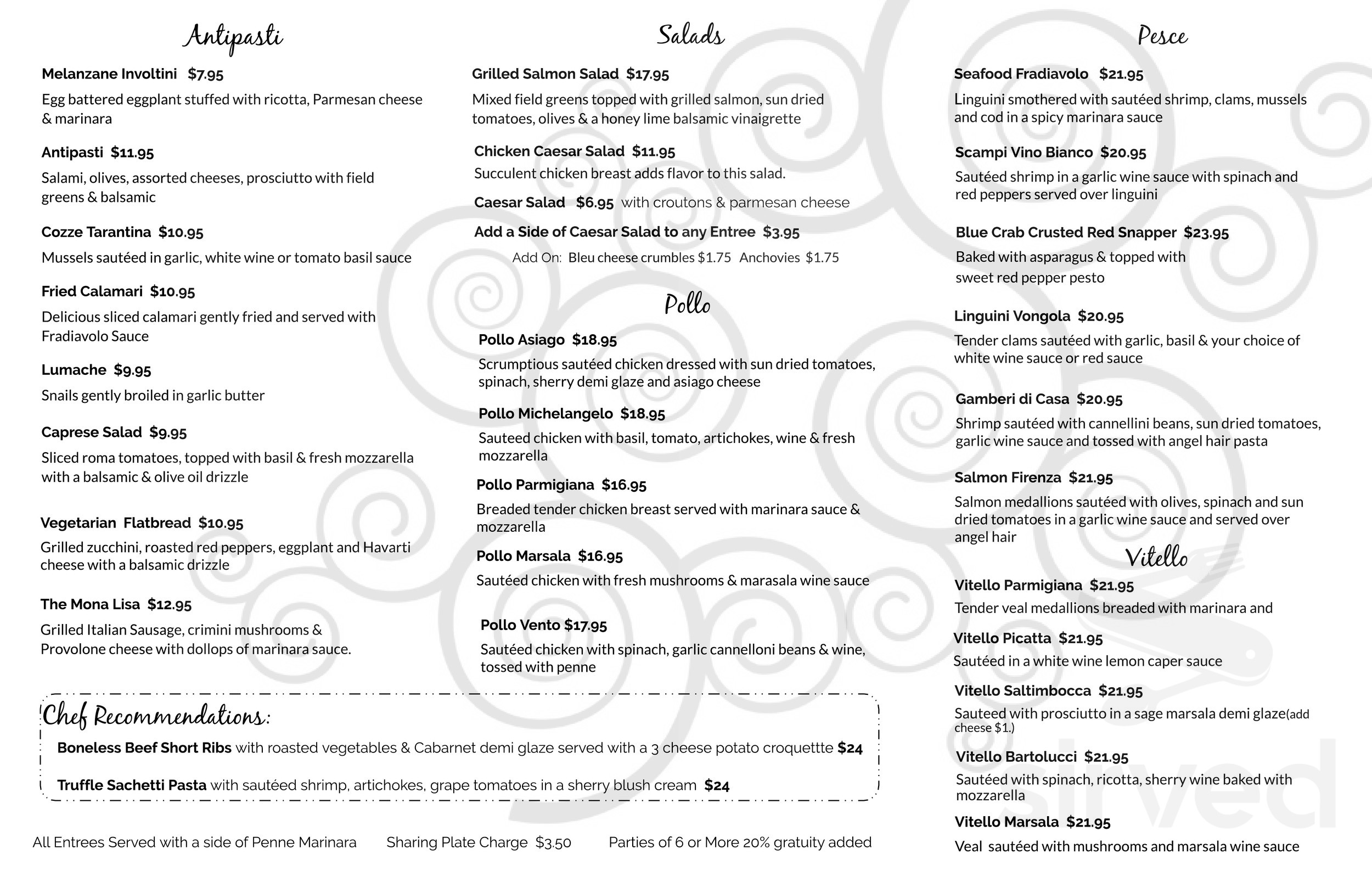 Mona Lisa Italian Restaurant menu in Sarasota, Florida, USA