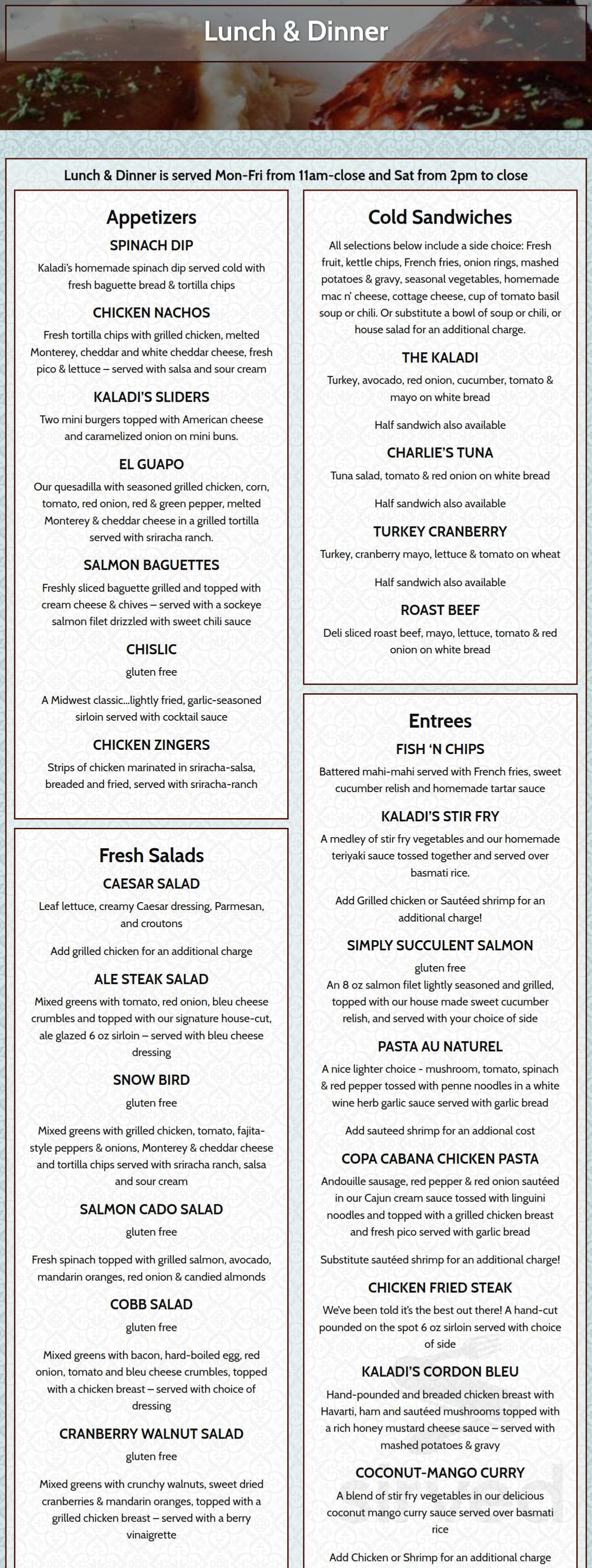 Kaladi's Bistro menu in Sioux Falls, South Dakota, USA