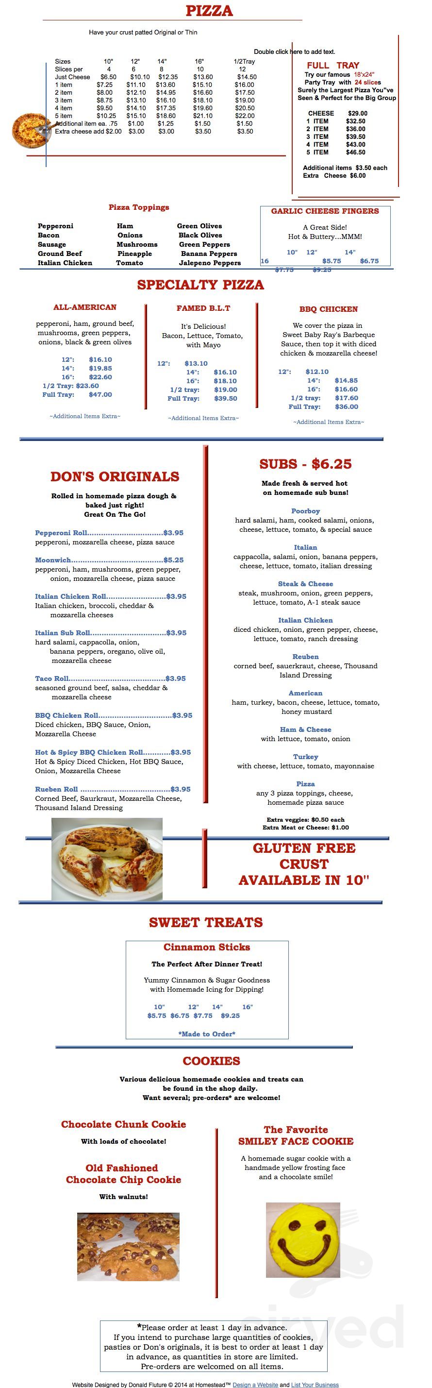Don's American Pizza menu in Lake City, Michigan