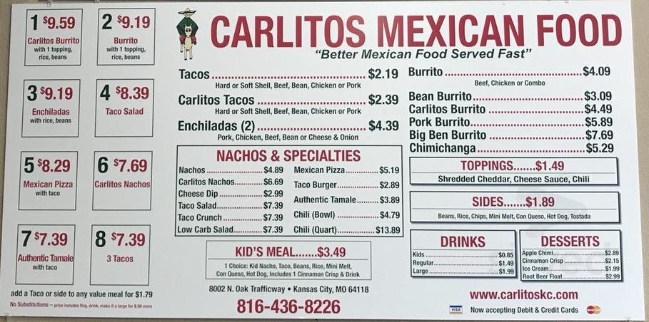 Carlitos Mexican Food menu in Kansas City, Missouri, USA
