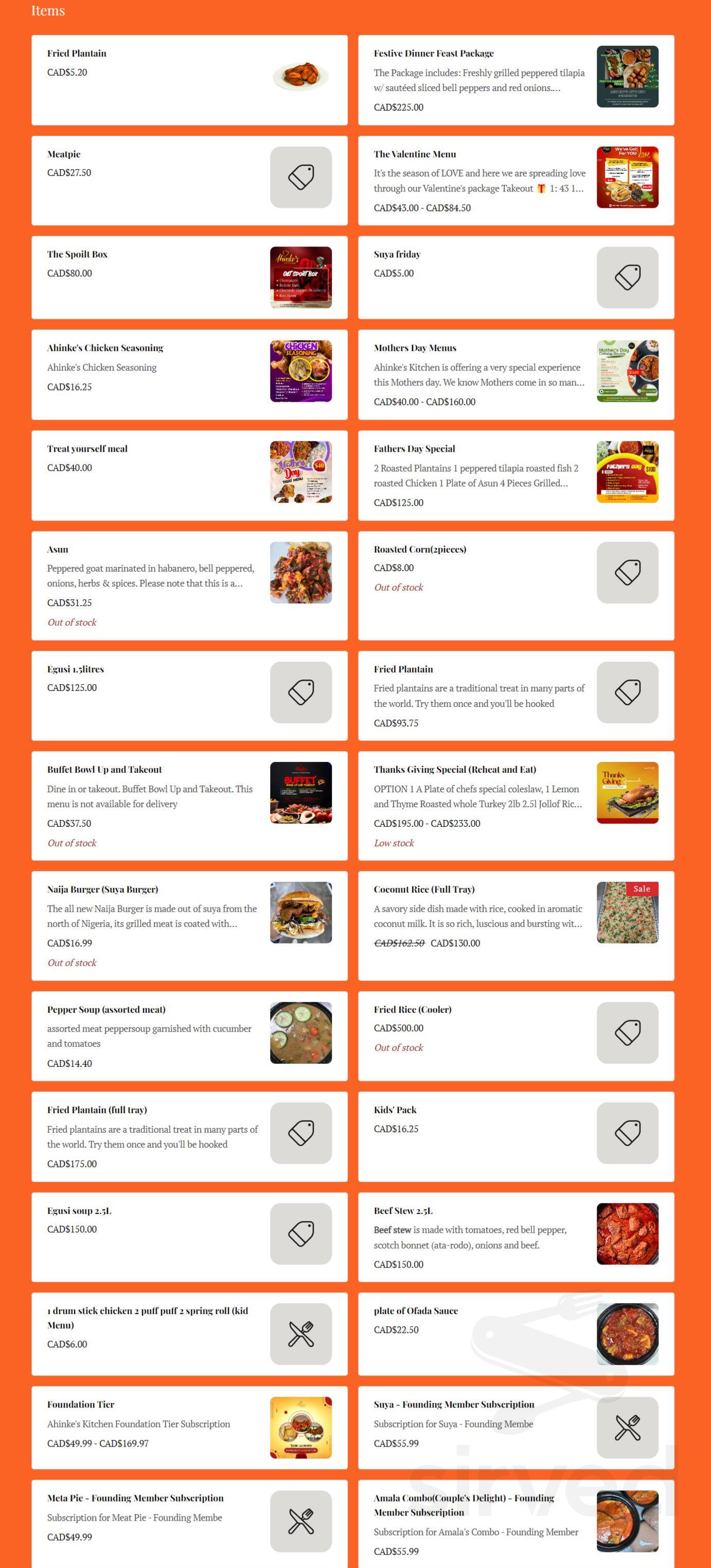 Menu for Ahinke’s Kitchen in Calgary, AB | Sirved