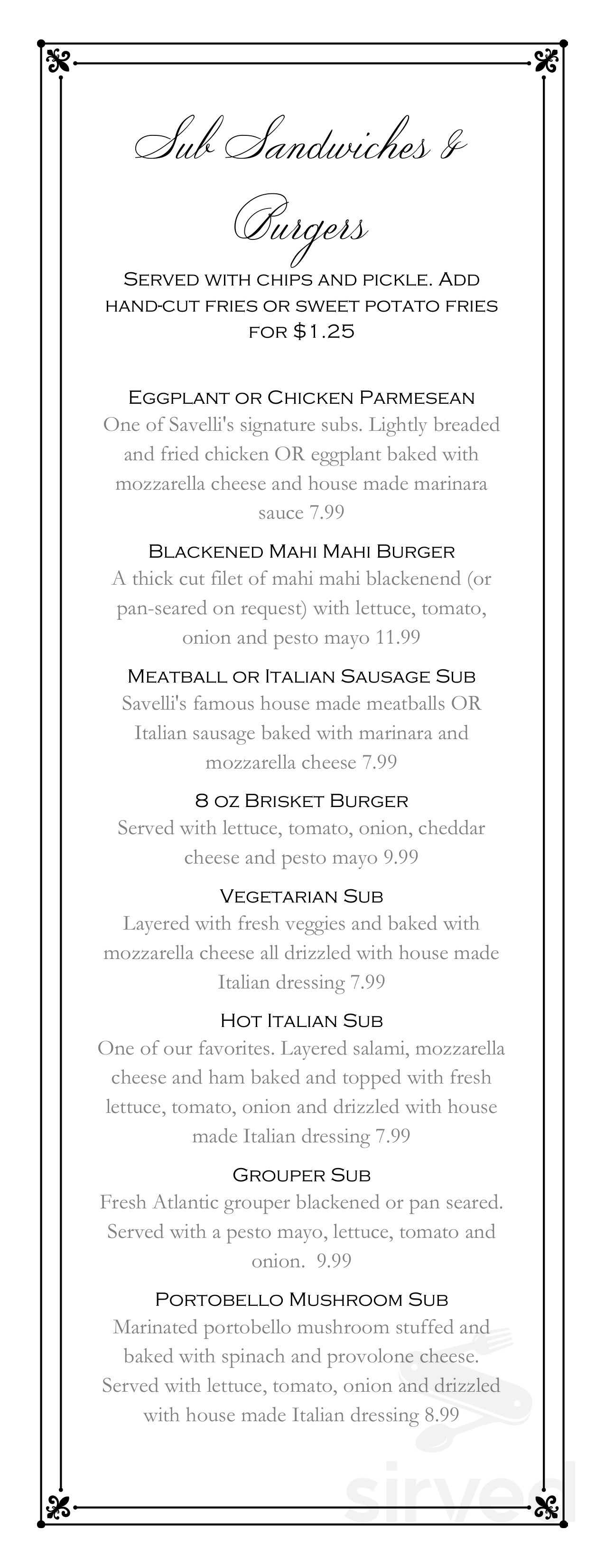 Savelli's Italian Restaurant menu in Knoxville, Tennessee, USA