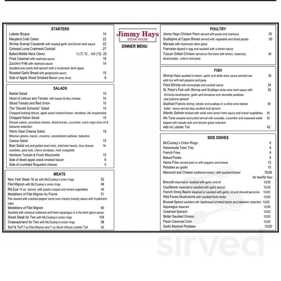 Jimmy Hays Steak House menu in Island Park, New York, USA