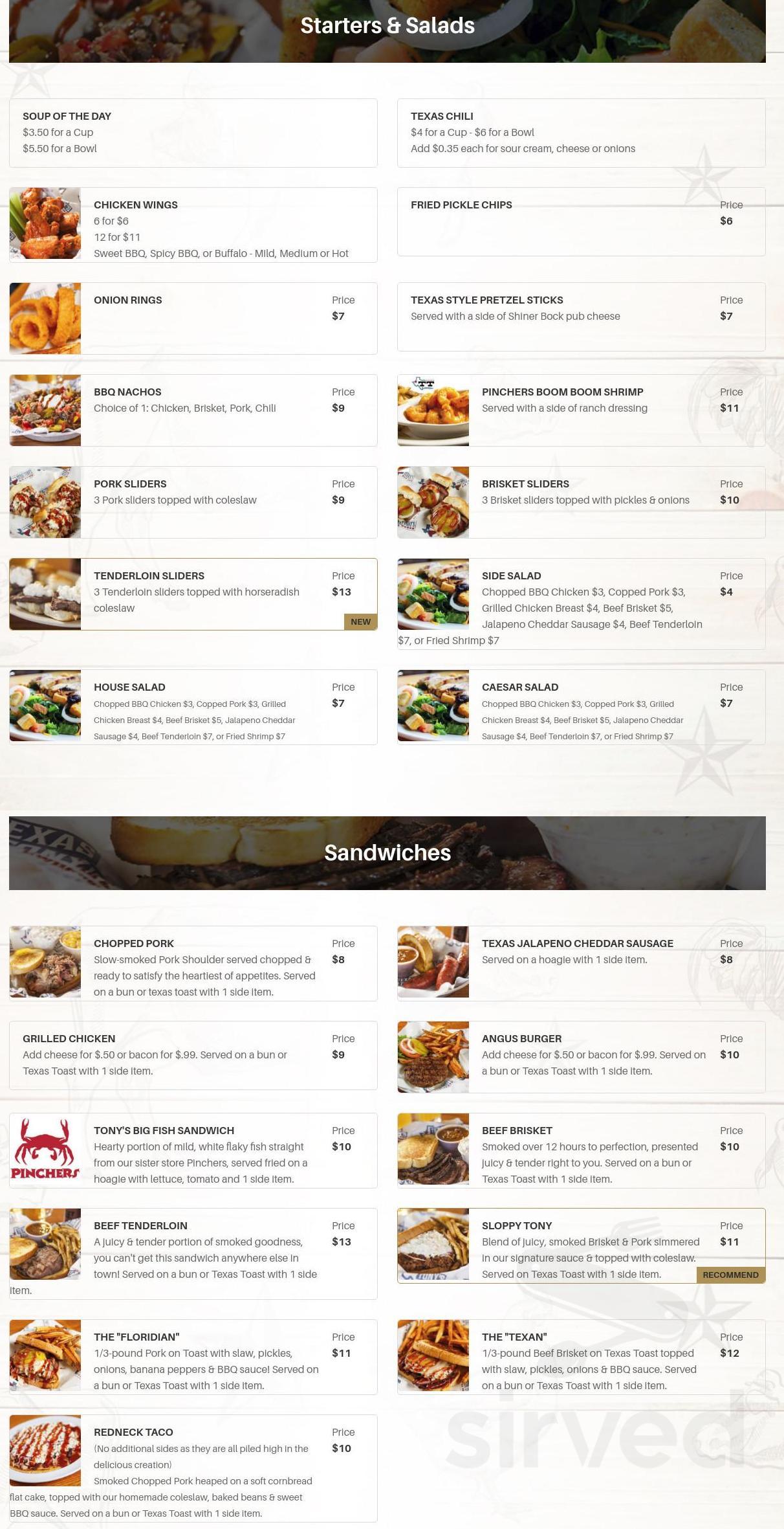 Texas Tony's Rib & BrewHouse menu in Naples, Florida, USA