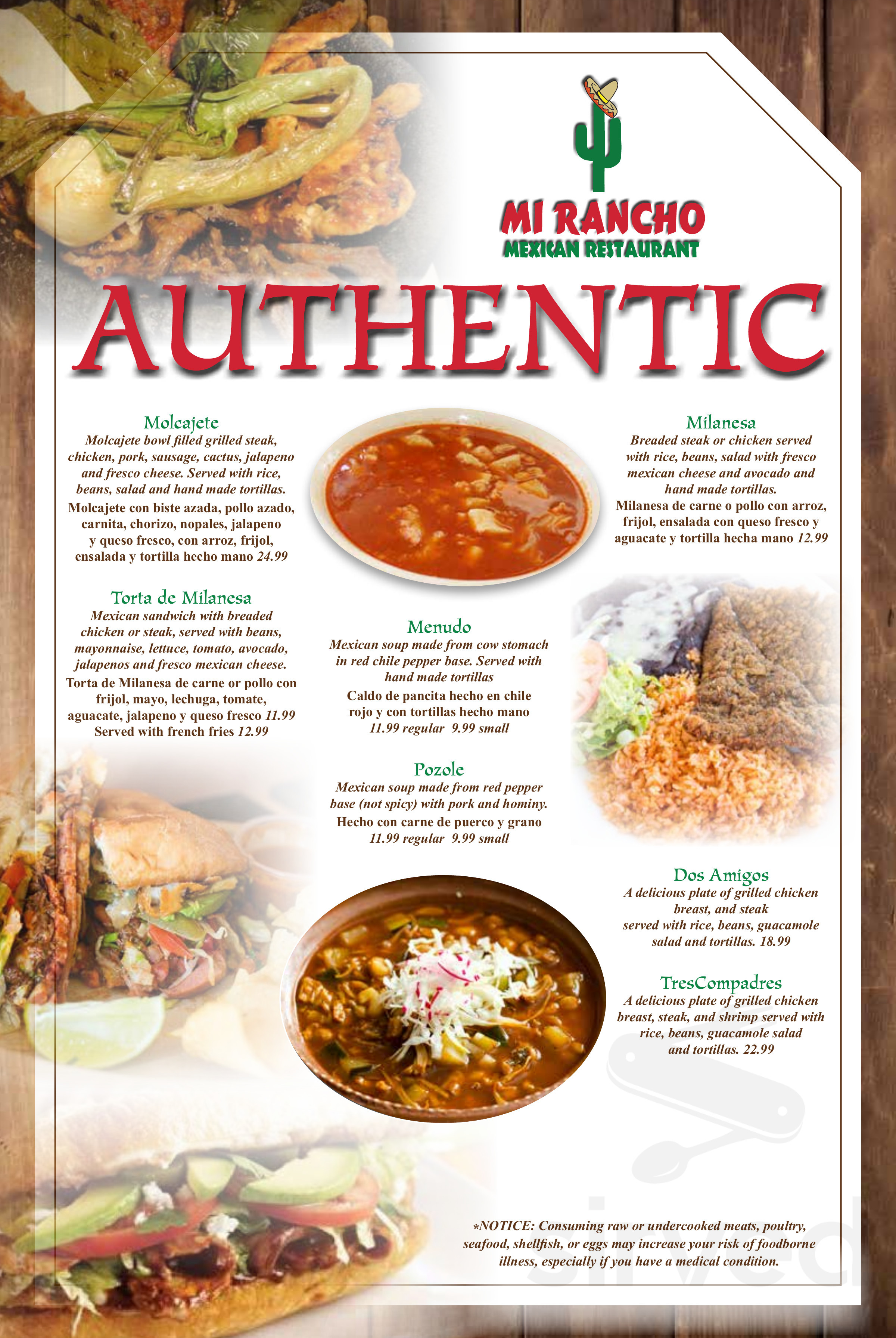 Mi rancho mexican restaurant menu in Barnwell, South Carolina, USA