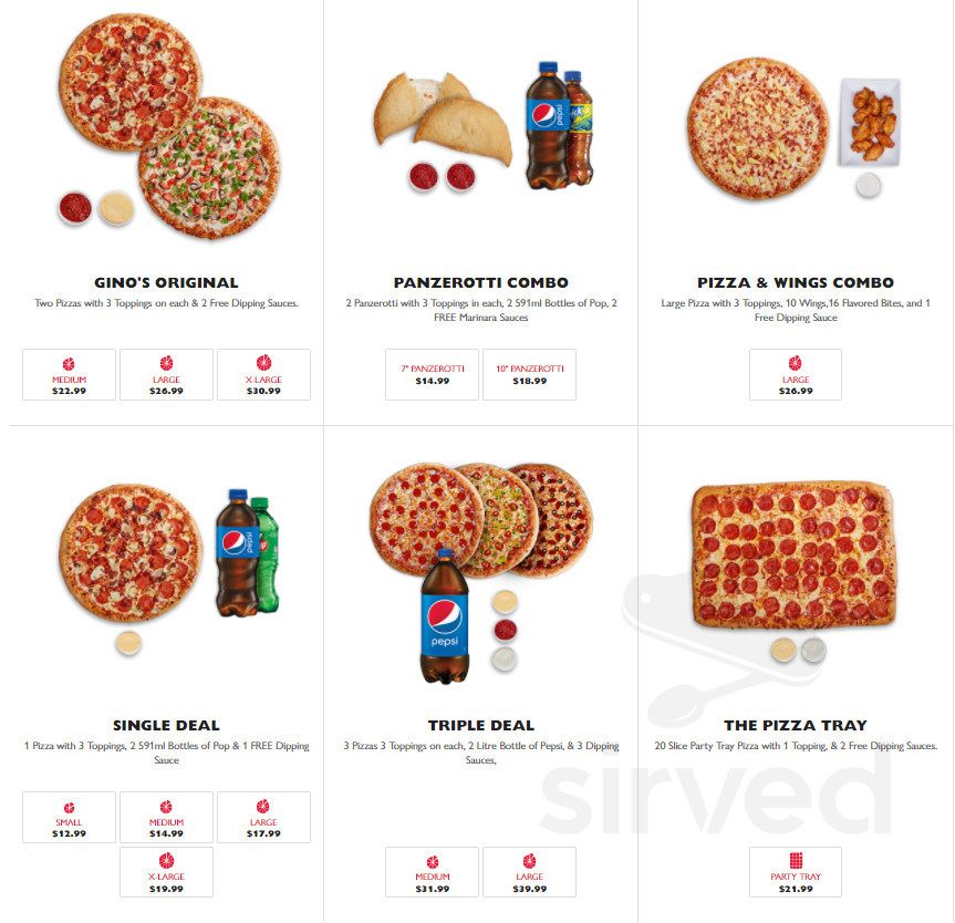 Gino's Pizza specials menu in Hamilton, Ontario
