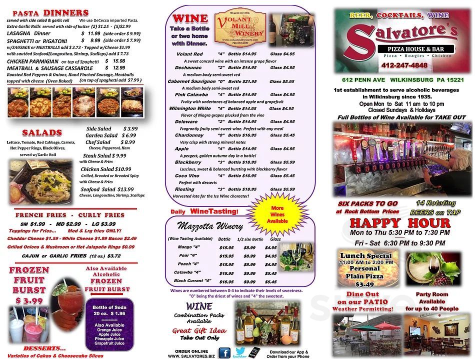 Salvatore's Pizza House menu in Pittsburgh, Pennsylvania, USA