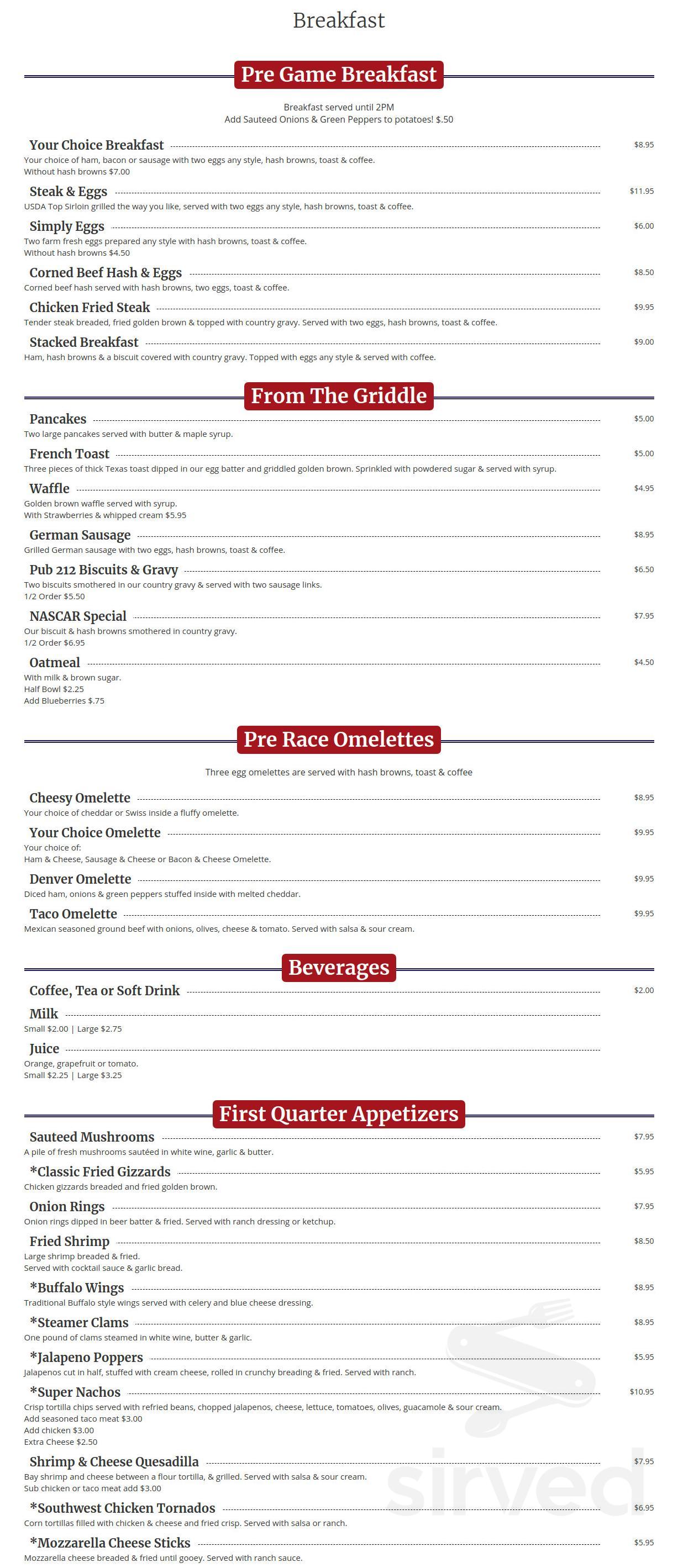 Pub 212 breakfast menu in Damascus, Oregon