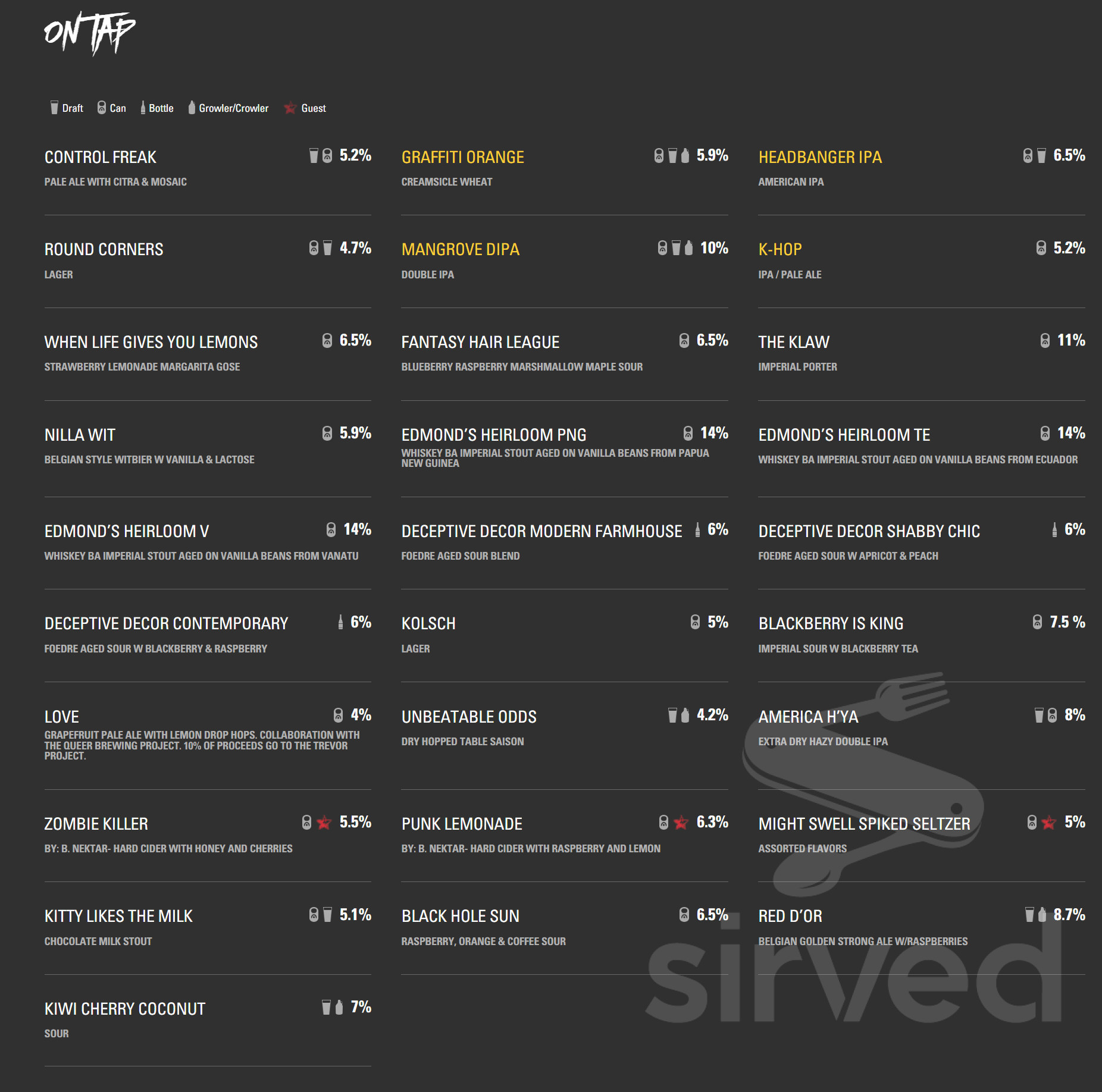 7venth Sun Brewing Company menu in Dunedin, Florida, USA