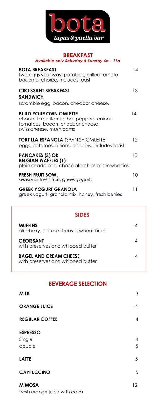 Bota Tapas & Paella Bar menu in San Francisco, California, USA