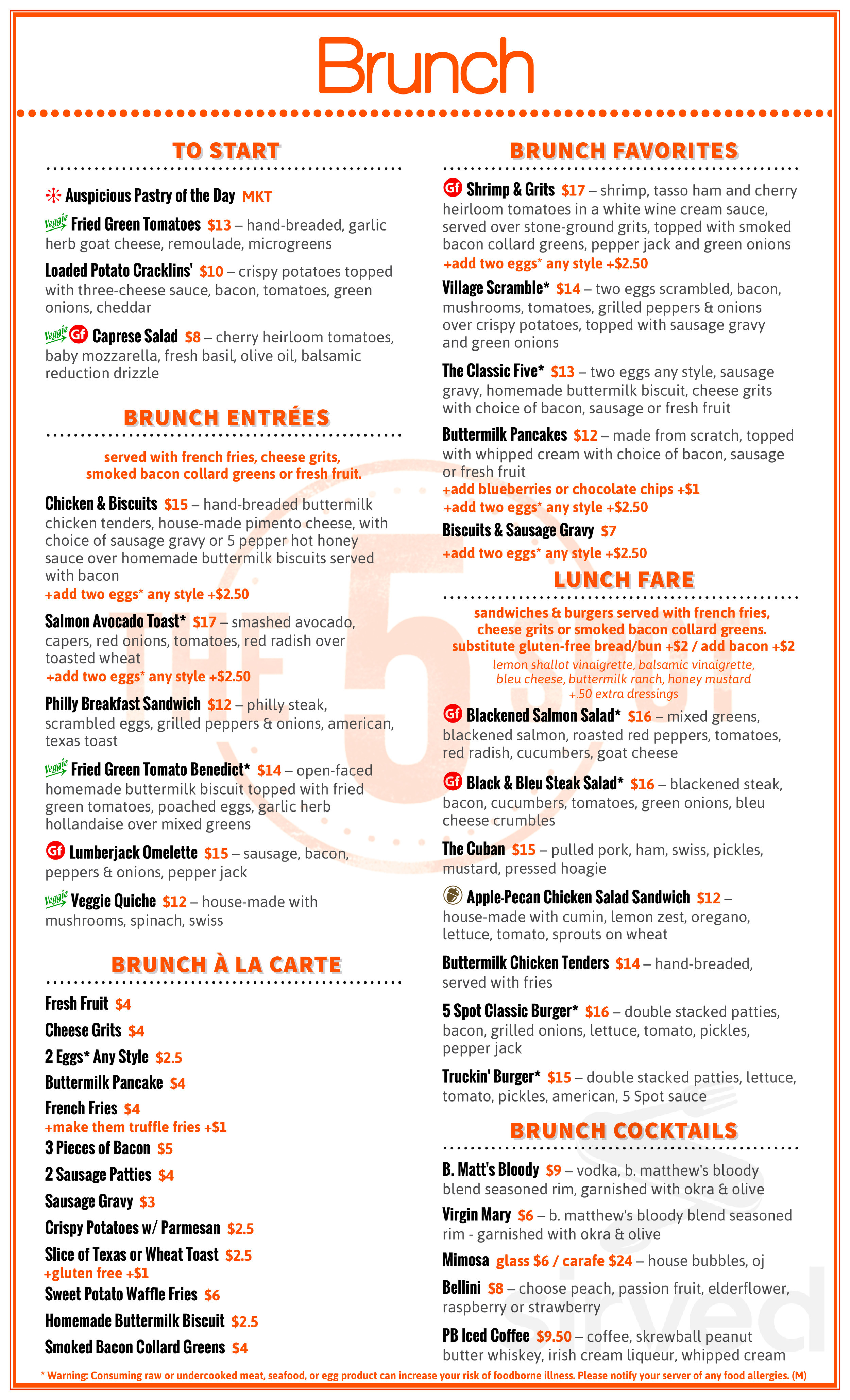 Menu for The 5 Spot Sandfly in Savannah, GA | Sirved