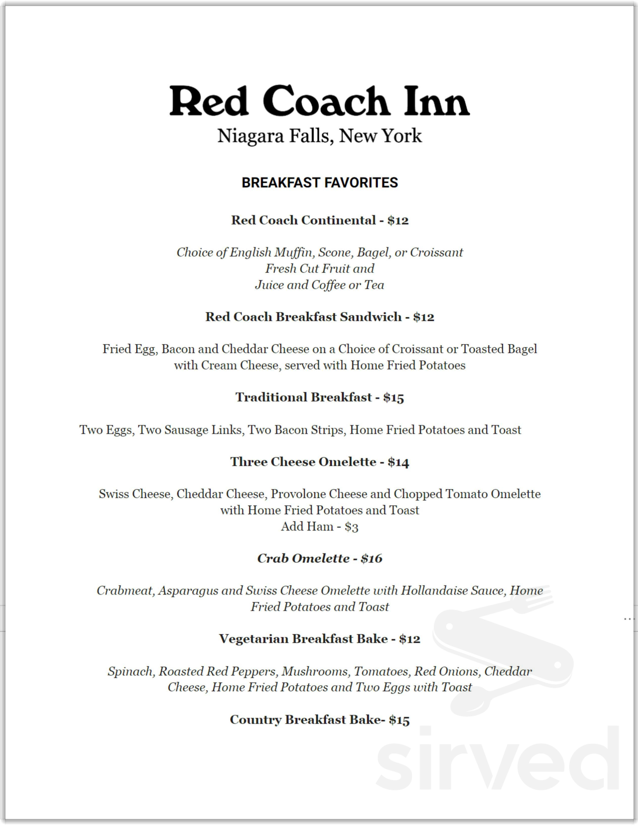 Menu - Niagara Falls NY's Red Coach Inn | Sirved