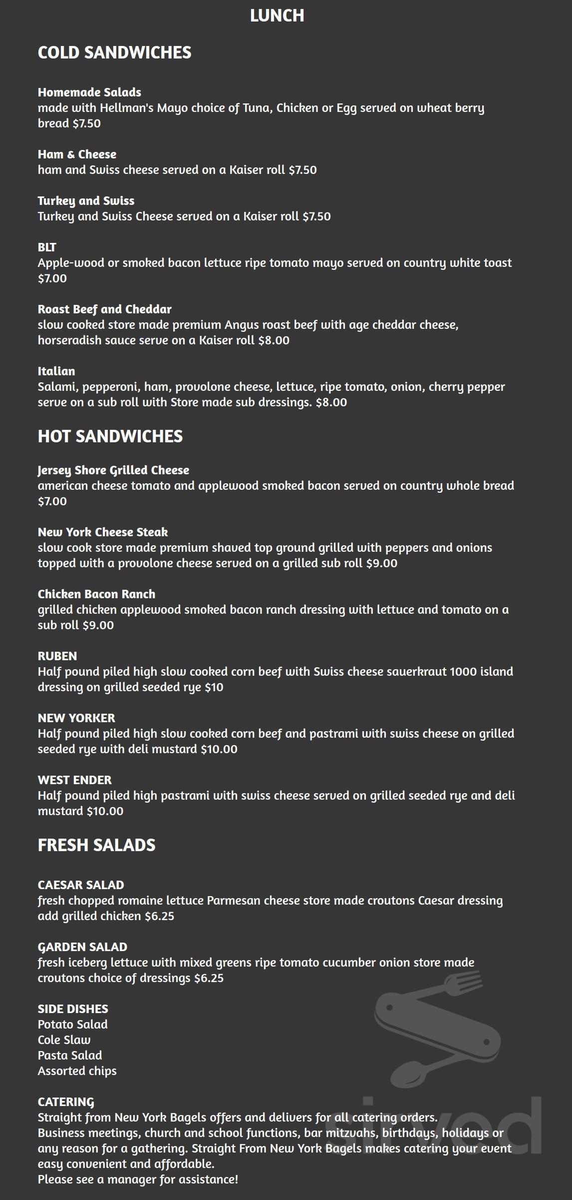 Straight From New York Bagels menu in Naples, Florida, USA