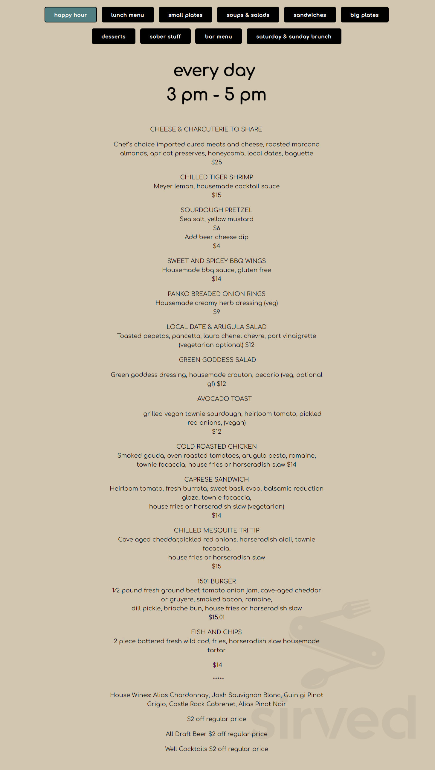 1501 Uptown Gastropub menu in Palm Springs, California, USA
