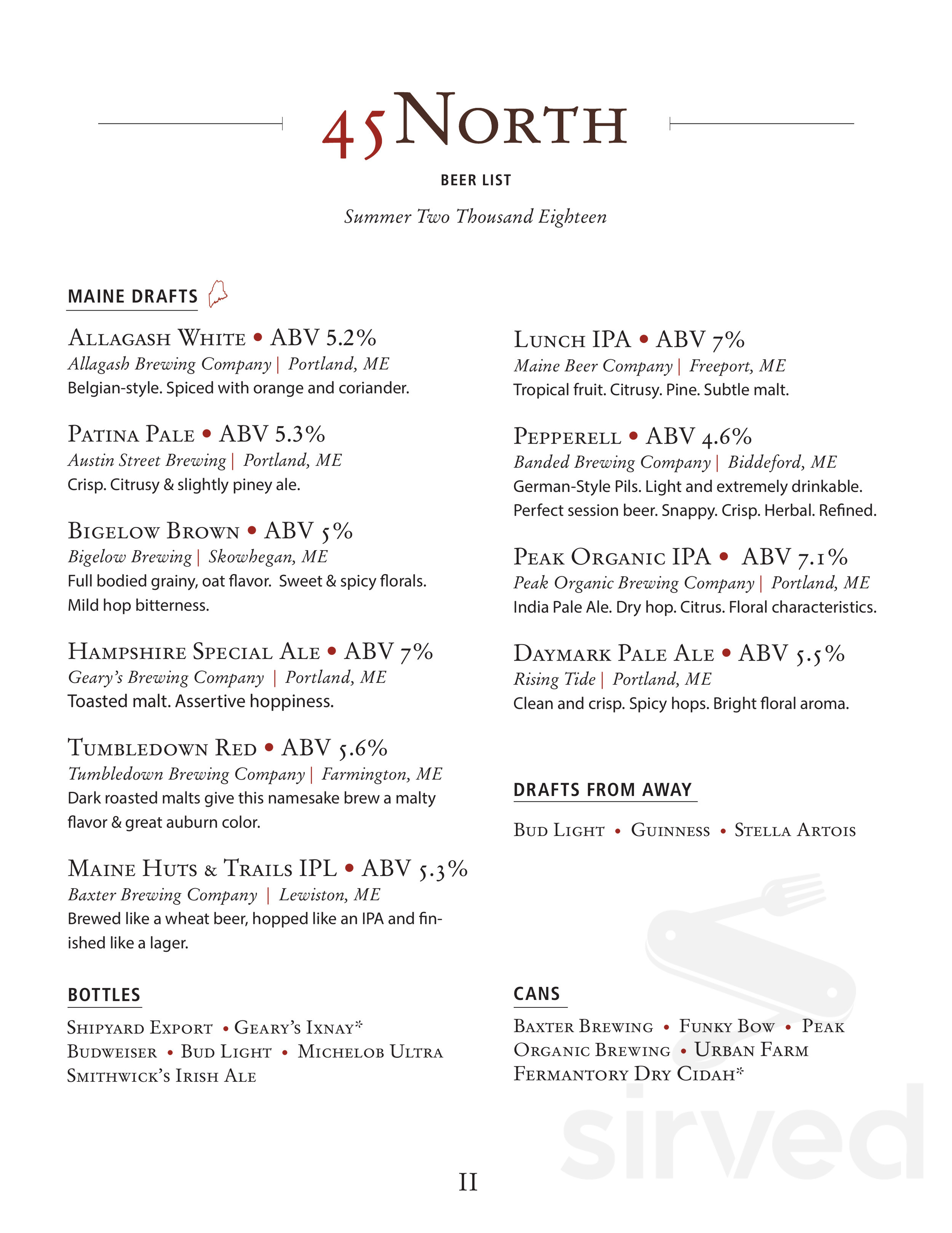 45 North menu in Carrabassett Valley, Maine, USA