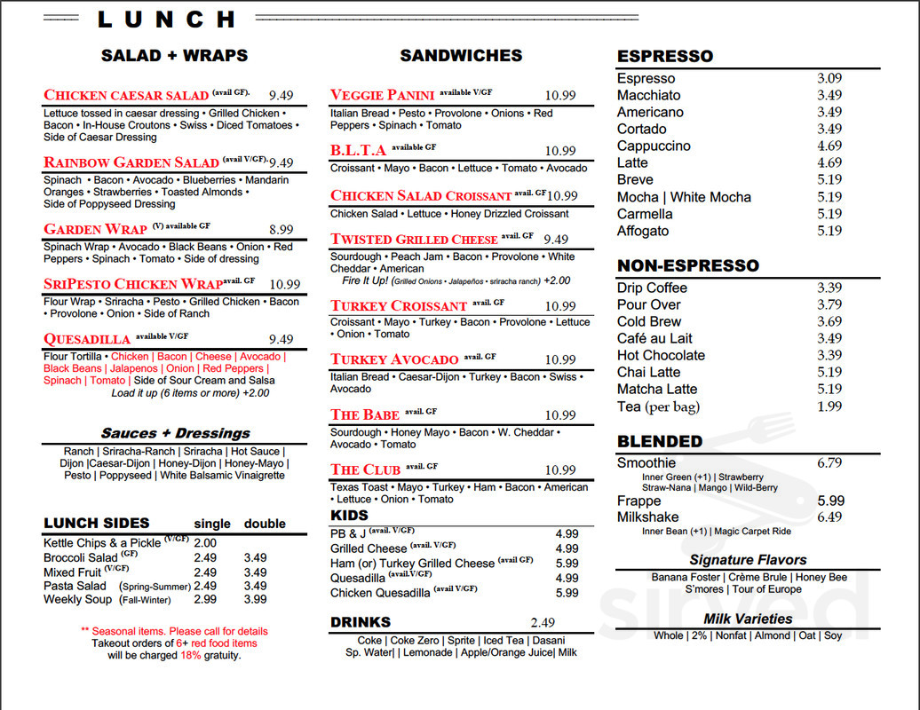 Inner Bean Cafe menu in Augusta, Georgia, USA