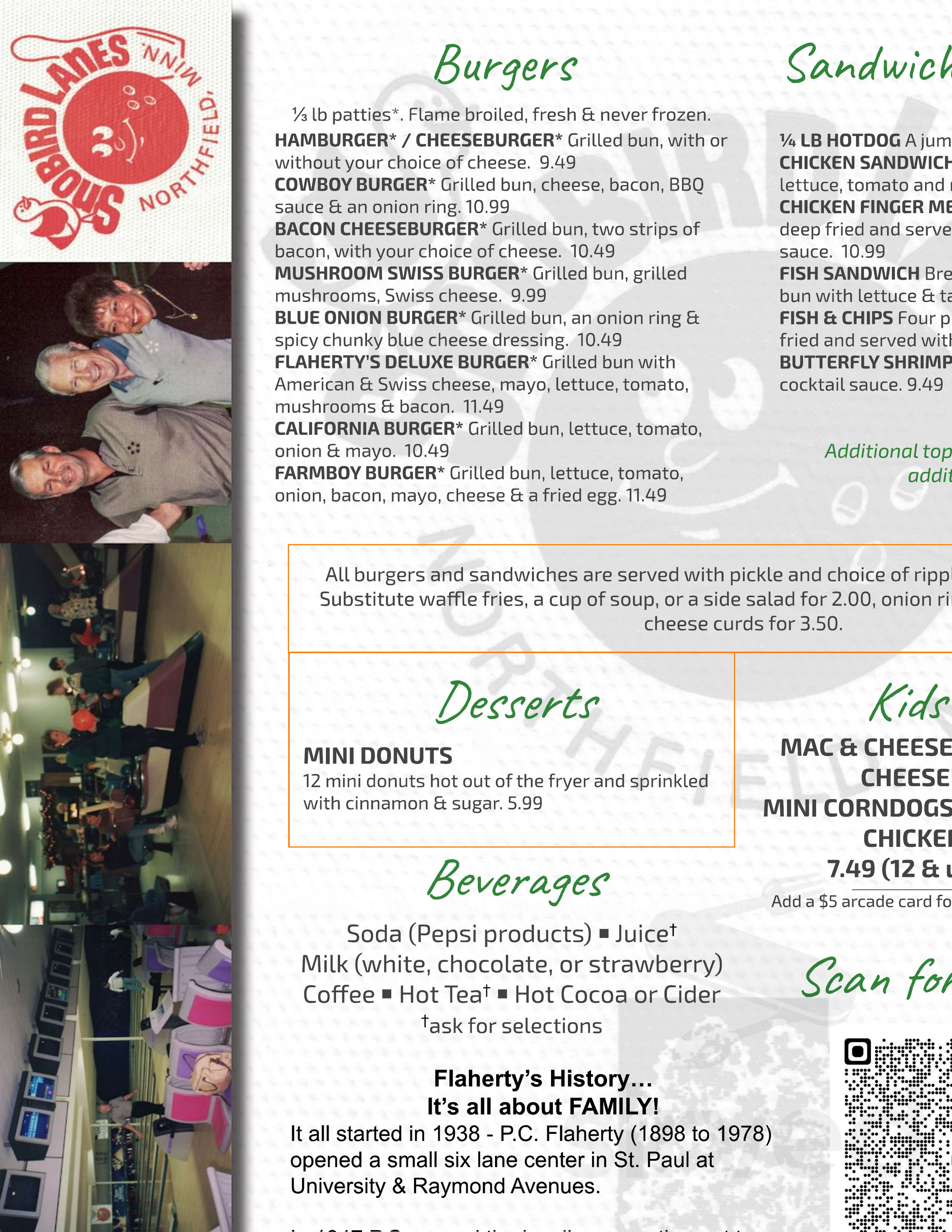 Menu Northfield MN's Flaherty's Northfield Lanes Sirved