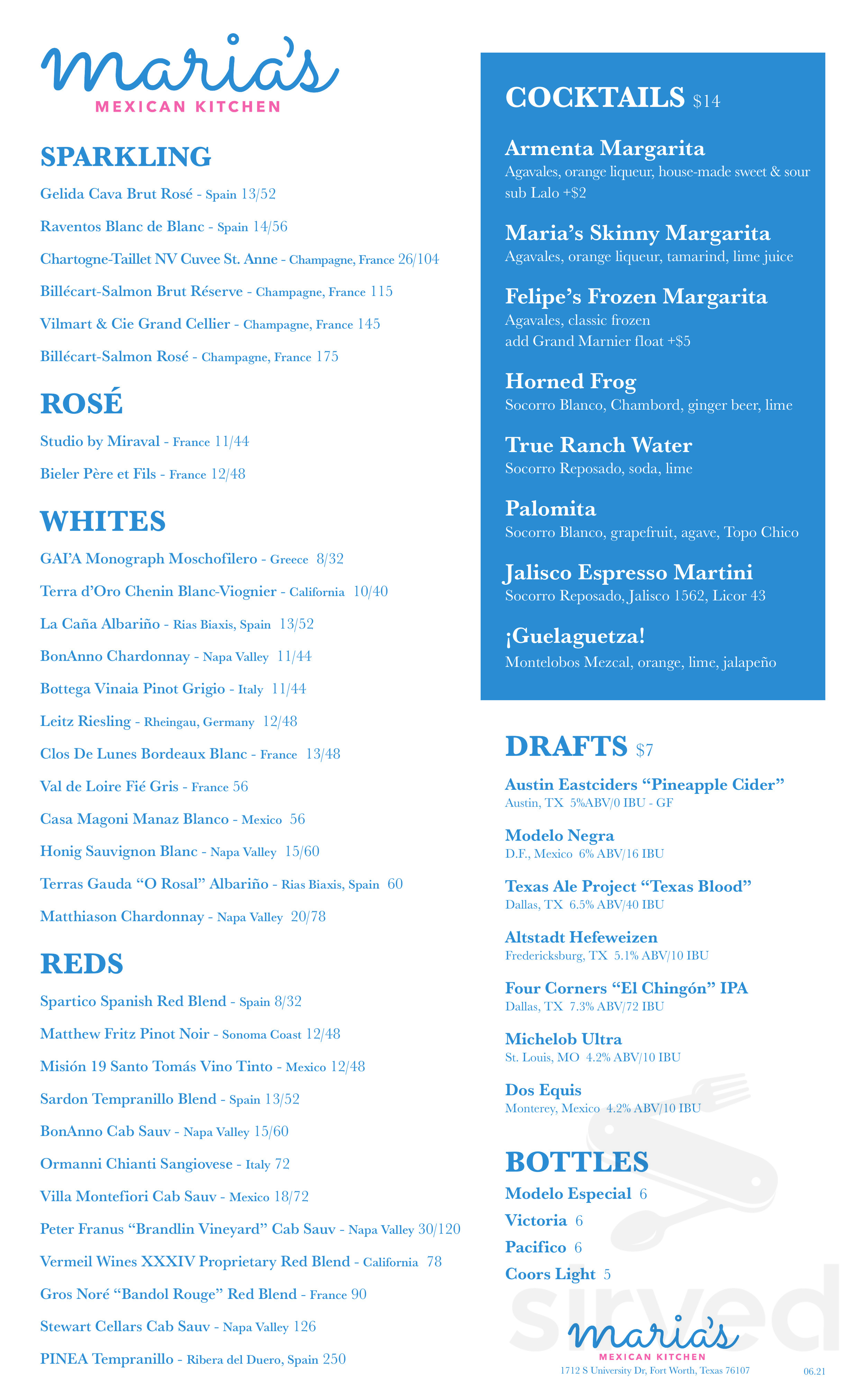 Maria's Mexican Kitchen menu in Fort Worth, Texas, USA