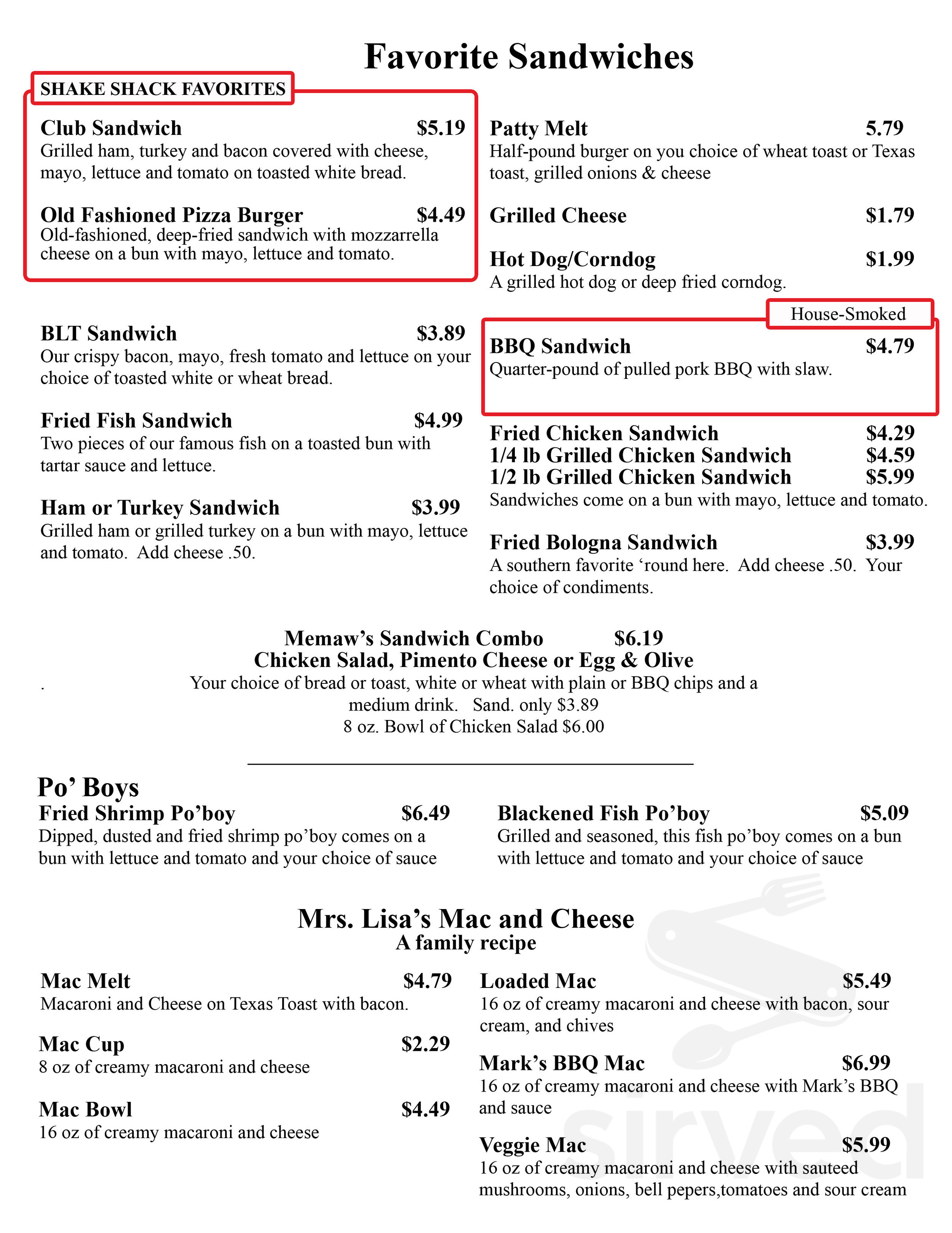 Tacker's Shake Shack menus in Marion, Arkansas, United States