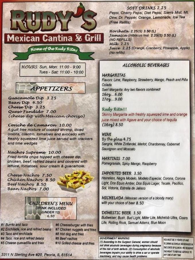 Rudy's Mexican Cantina & Grill menu in Peoria, Illinois, USA