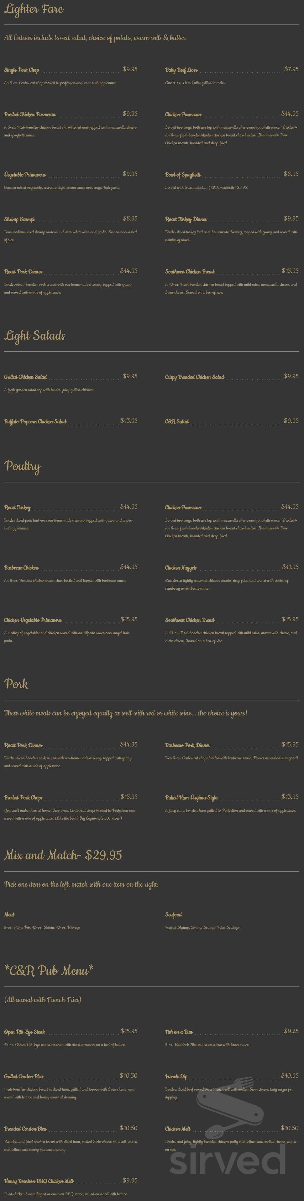 Menu - Galway NY's C & R Restaurant | Sirved