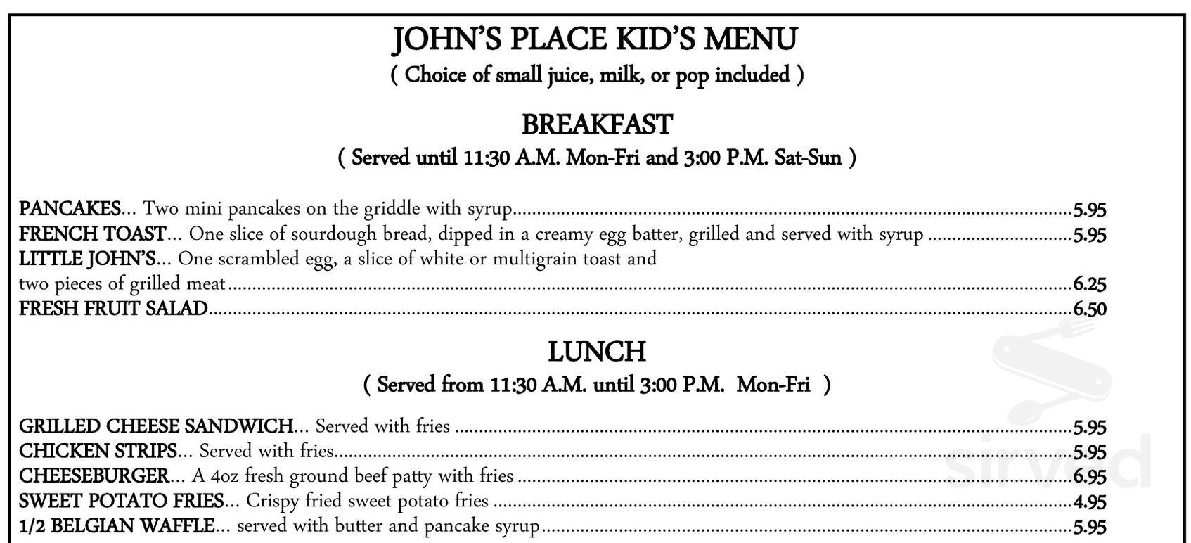 John's Place Restaurant kids menu in Victoria, British Columbia