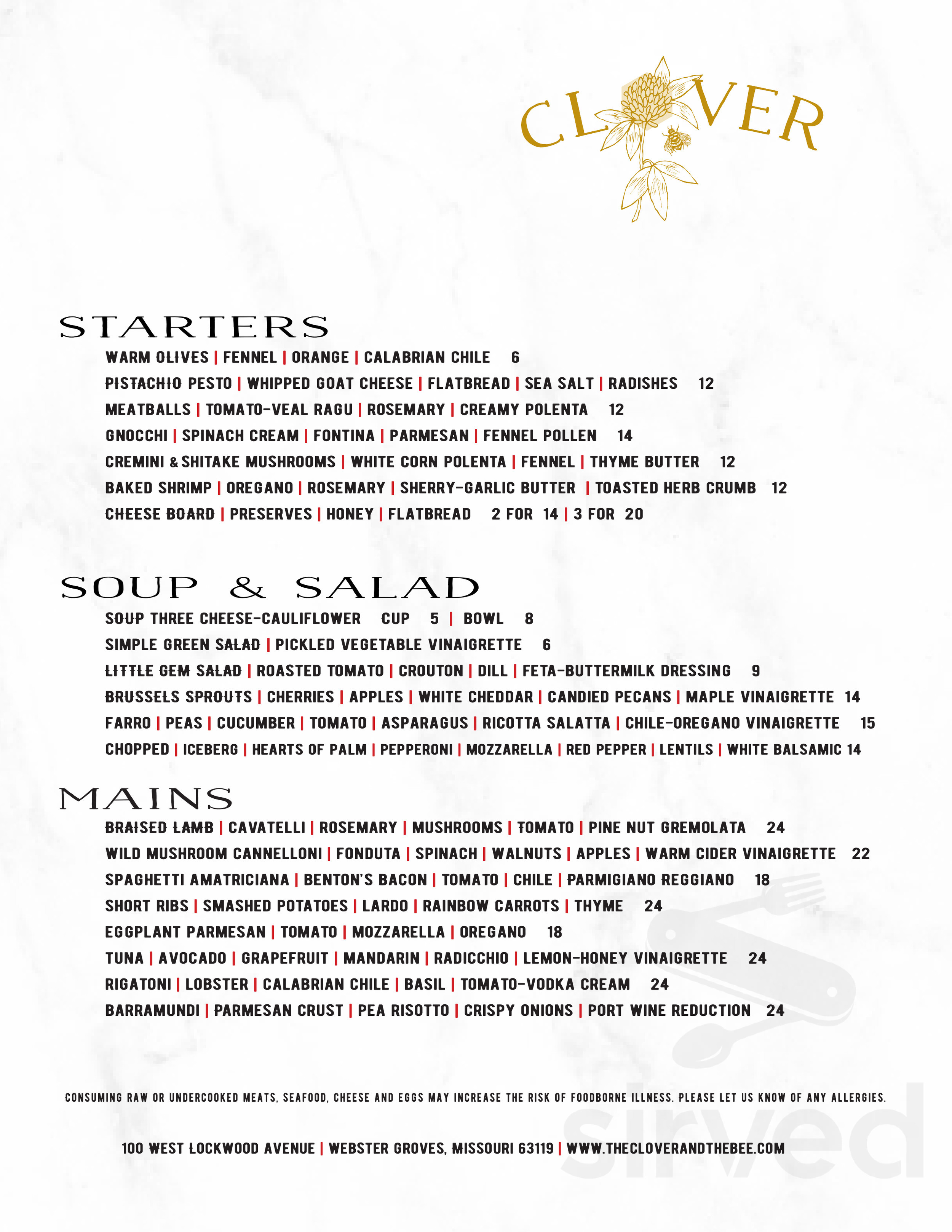 Menu for The Clover and the Bee in Webster Groves, MO | Sirved