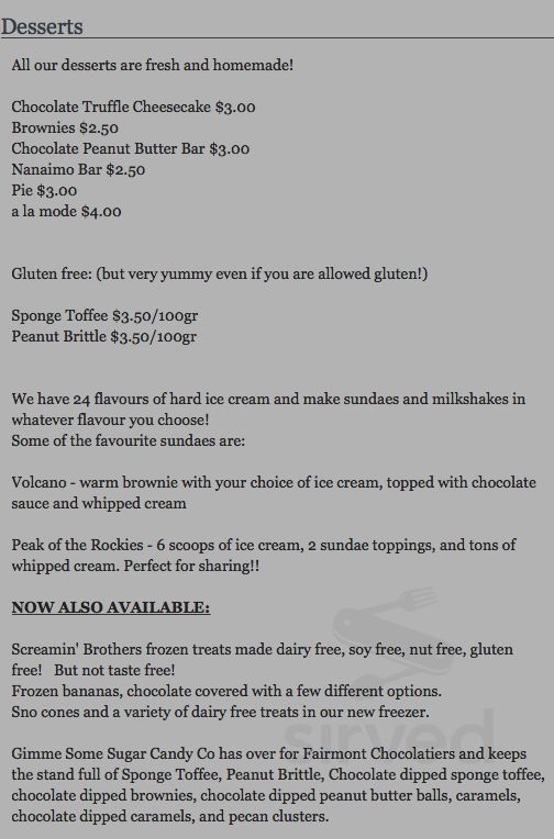 Menu for Fairmont Pizza & Icecream Parlor in Fairmont Hot Springs, BC ...