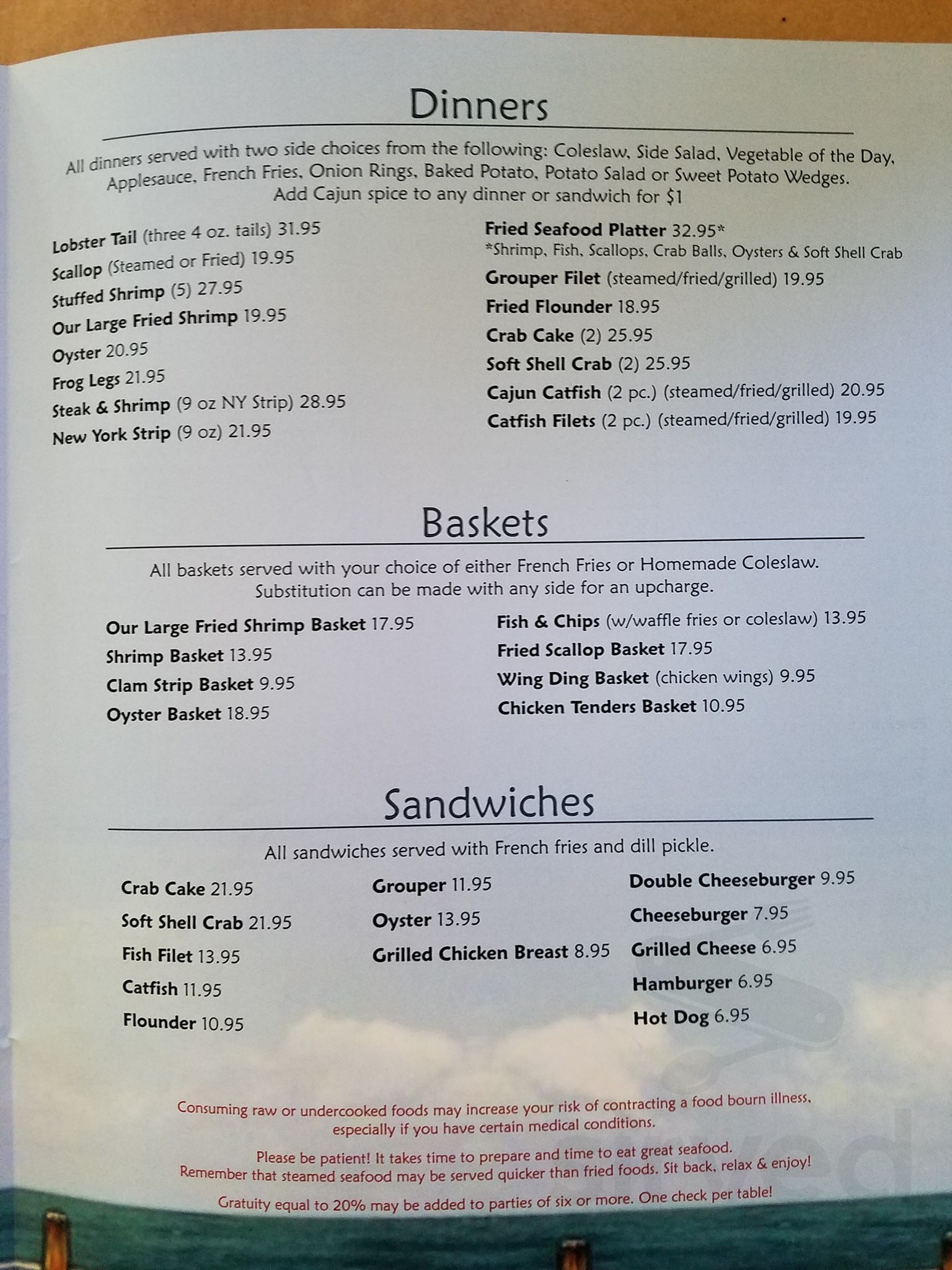 Captain Leonard's Seafood Restaurant menu in Mechanicsville, Maryland, USA