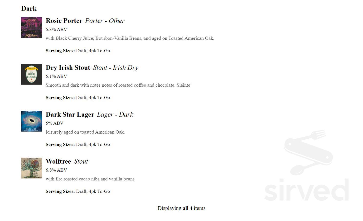 Timberyard Brewing Company menu in East Brookfield, Massachusetts, USA