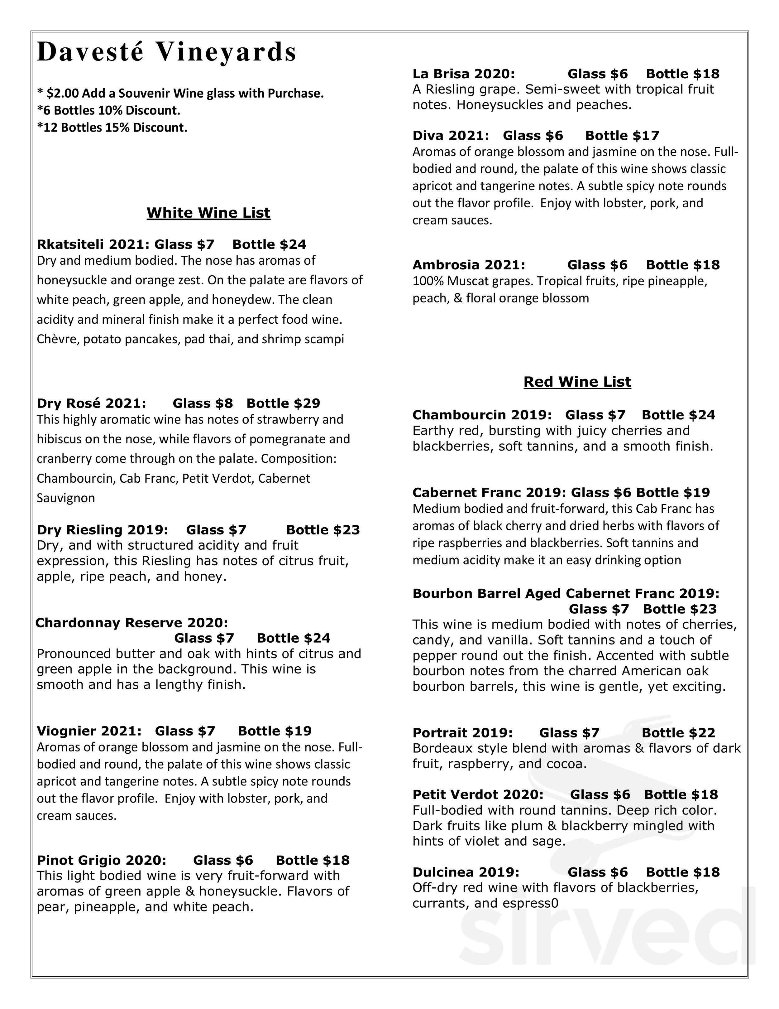 Davesté Vineyards menu in Troutman, North Carolina, USA