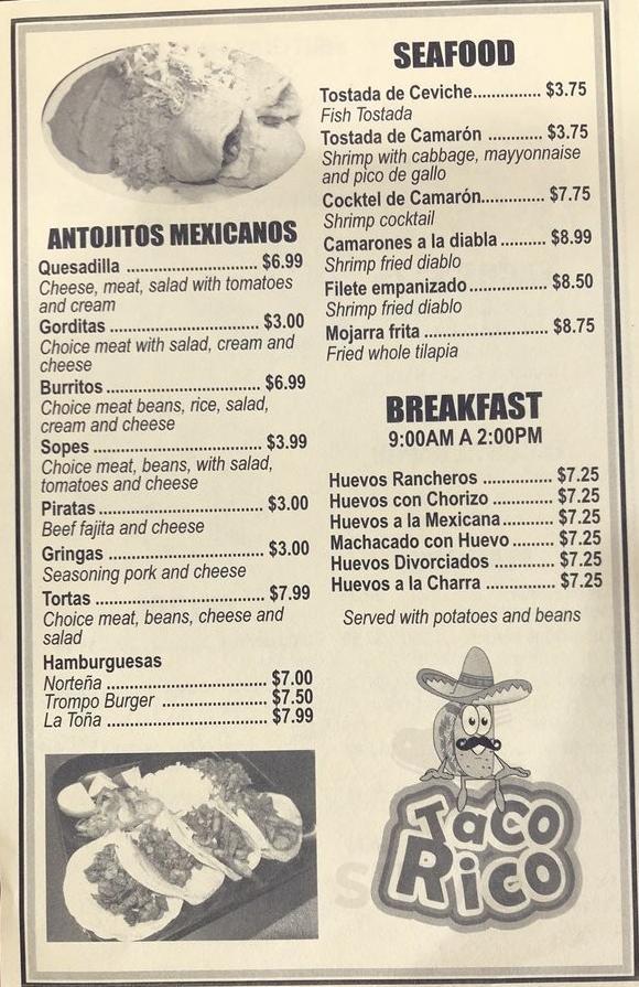 Taco Rico menu in Hurst, Texas, USA