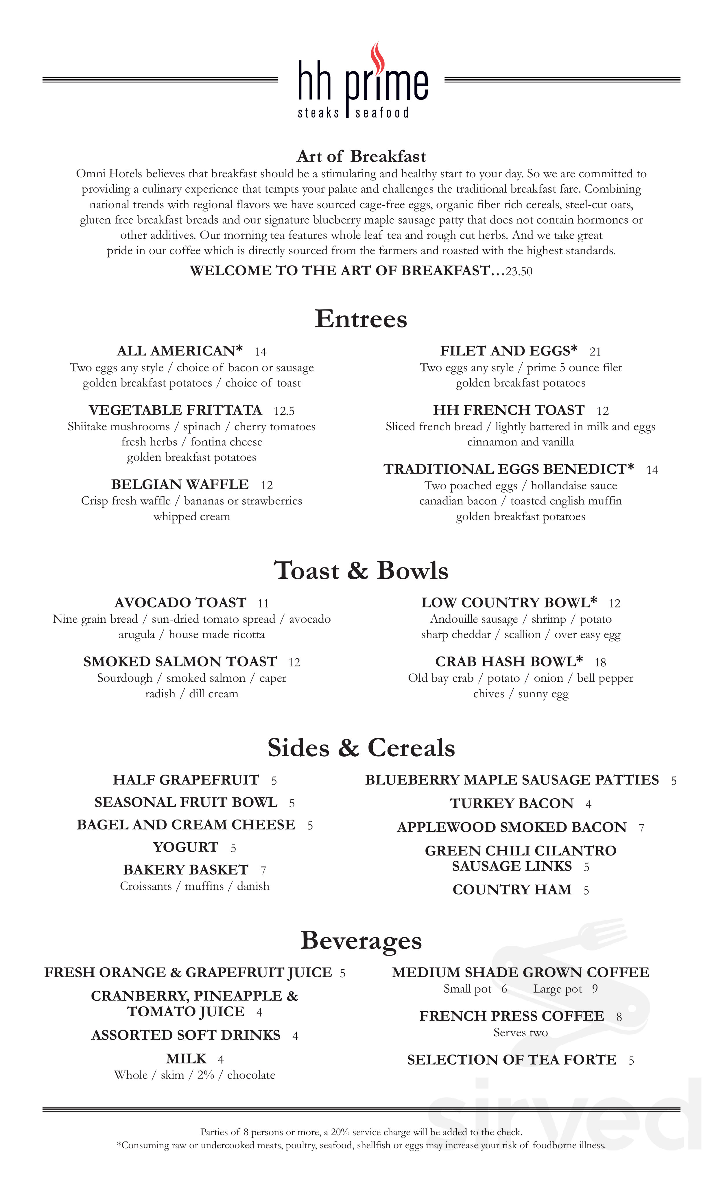 HH Prime menu in Hilton Head Island, South Carolina, USA