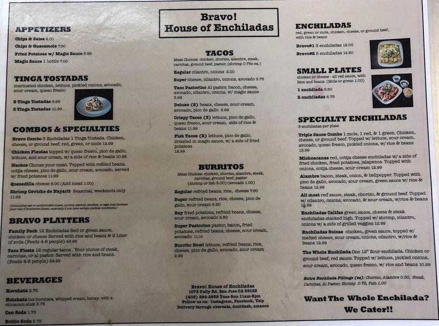 Bravo! House of Enchiladas menu in San Jose, California, USA