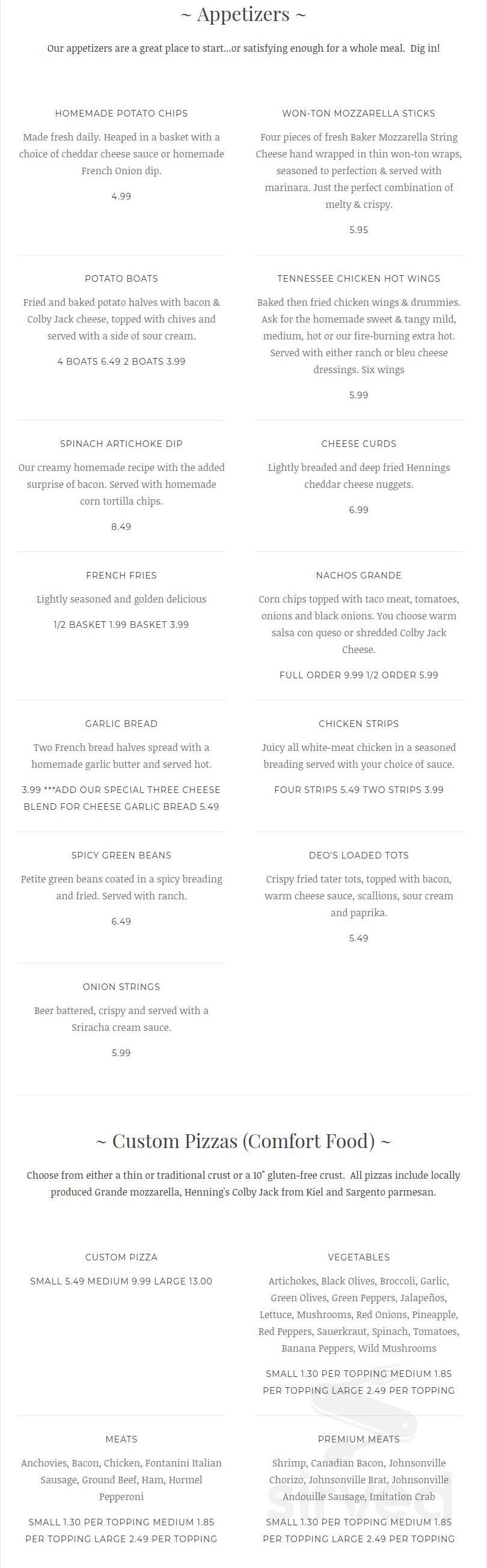 DeO's Pizzeria & Pub menu in Plymouth, Wisconsin