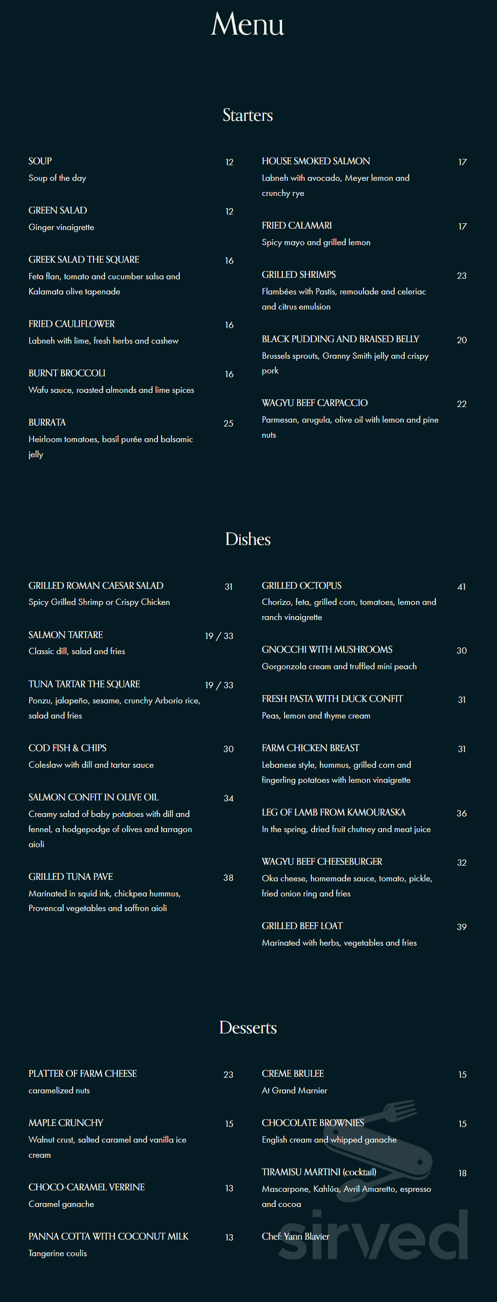 Menu - Montréal QC's Restaurant Le Carré | Sirved