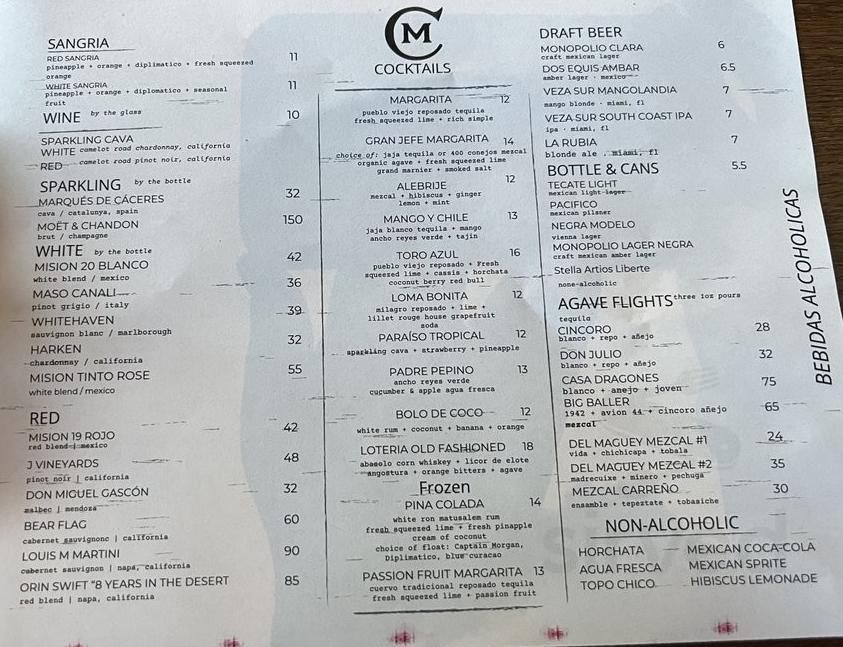 Chico Malo Miami menu in Doral, Florida, USA