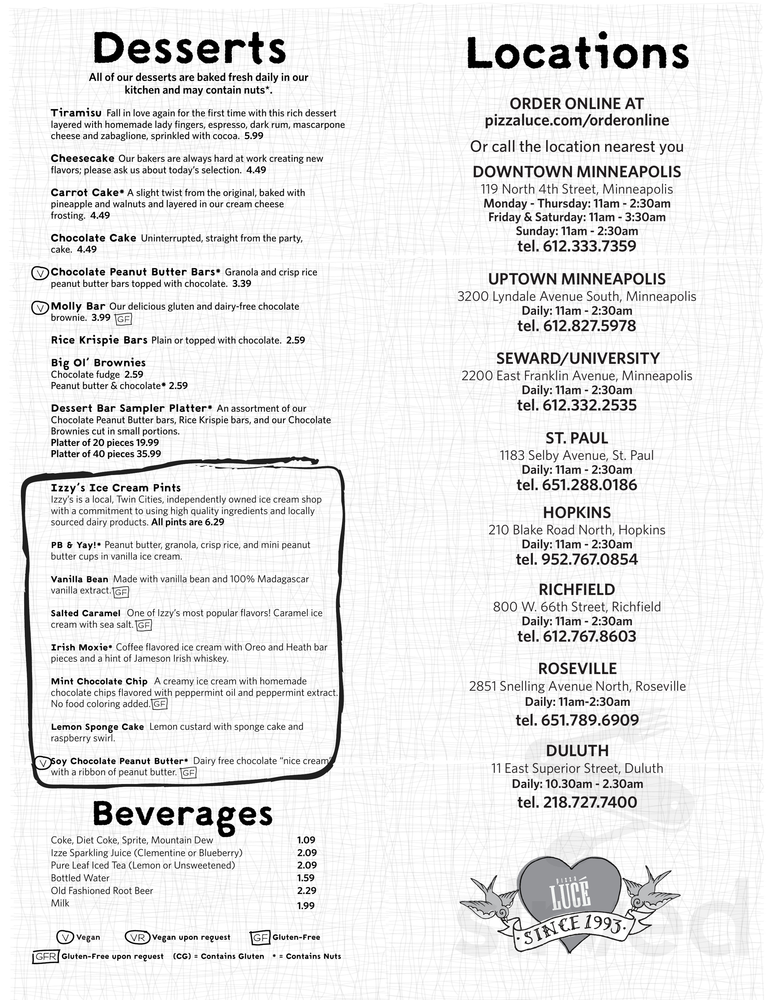 Pizza Lucé Duluth menu in Duluth, Minnesota, USA