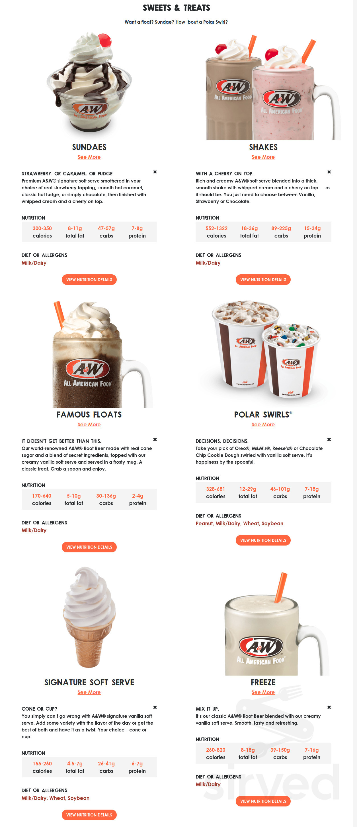 A&W Restaurant dessert menu in Ladera Ranch, California