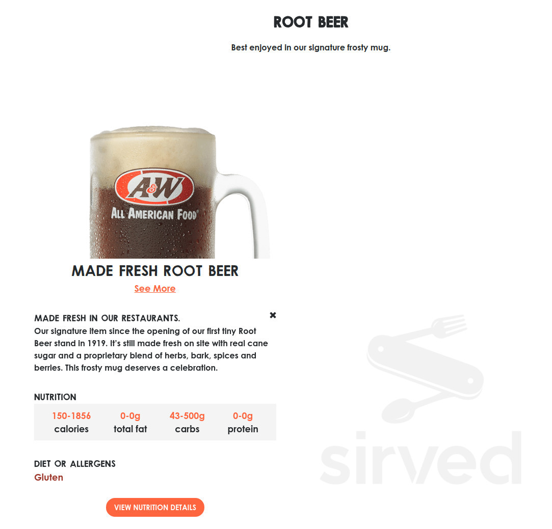 A&W Restaurant drink menu in Ladera Ranch, California
