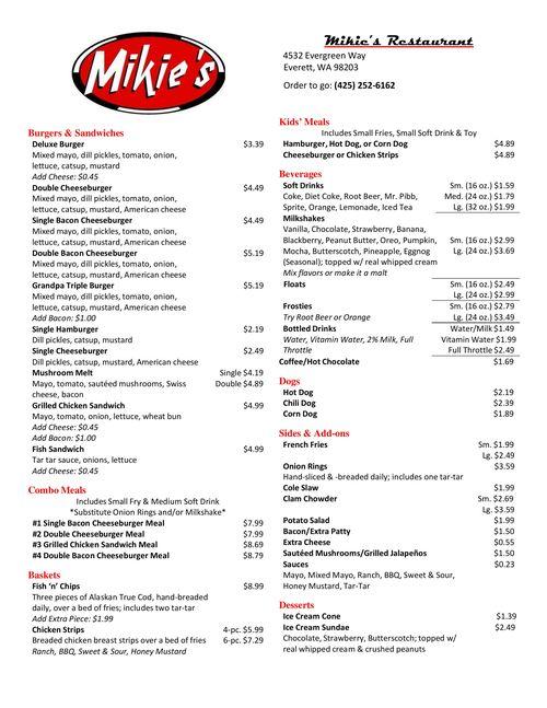 Mikie's menu in Everett, Washington, USA