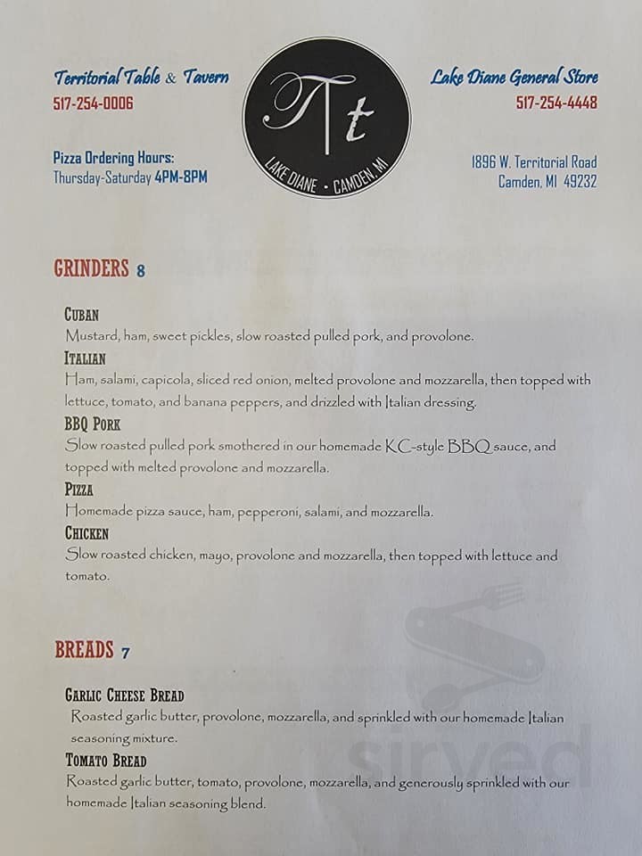 Territorial Table and Tavern menu in Camden, Michigan, USA