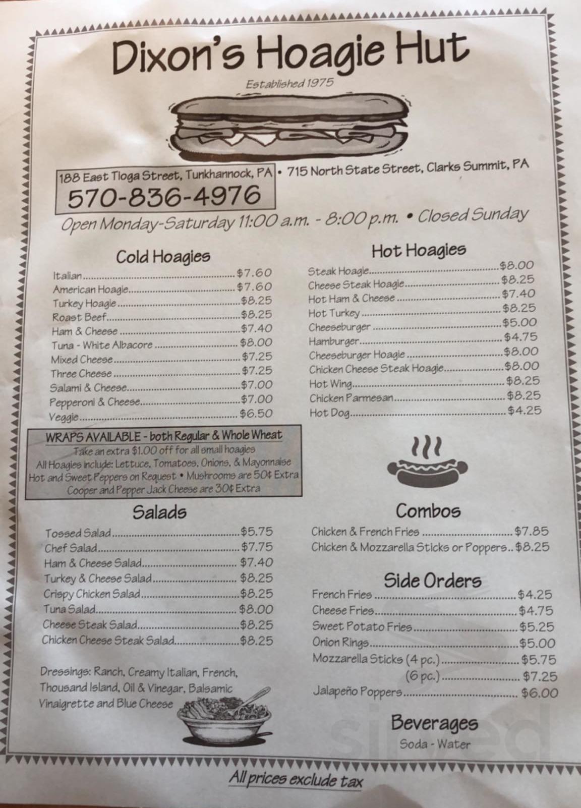 Menu for Dixon's Hoagie Hut in Tunkhannock, PA Sirved