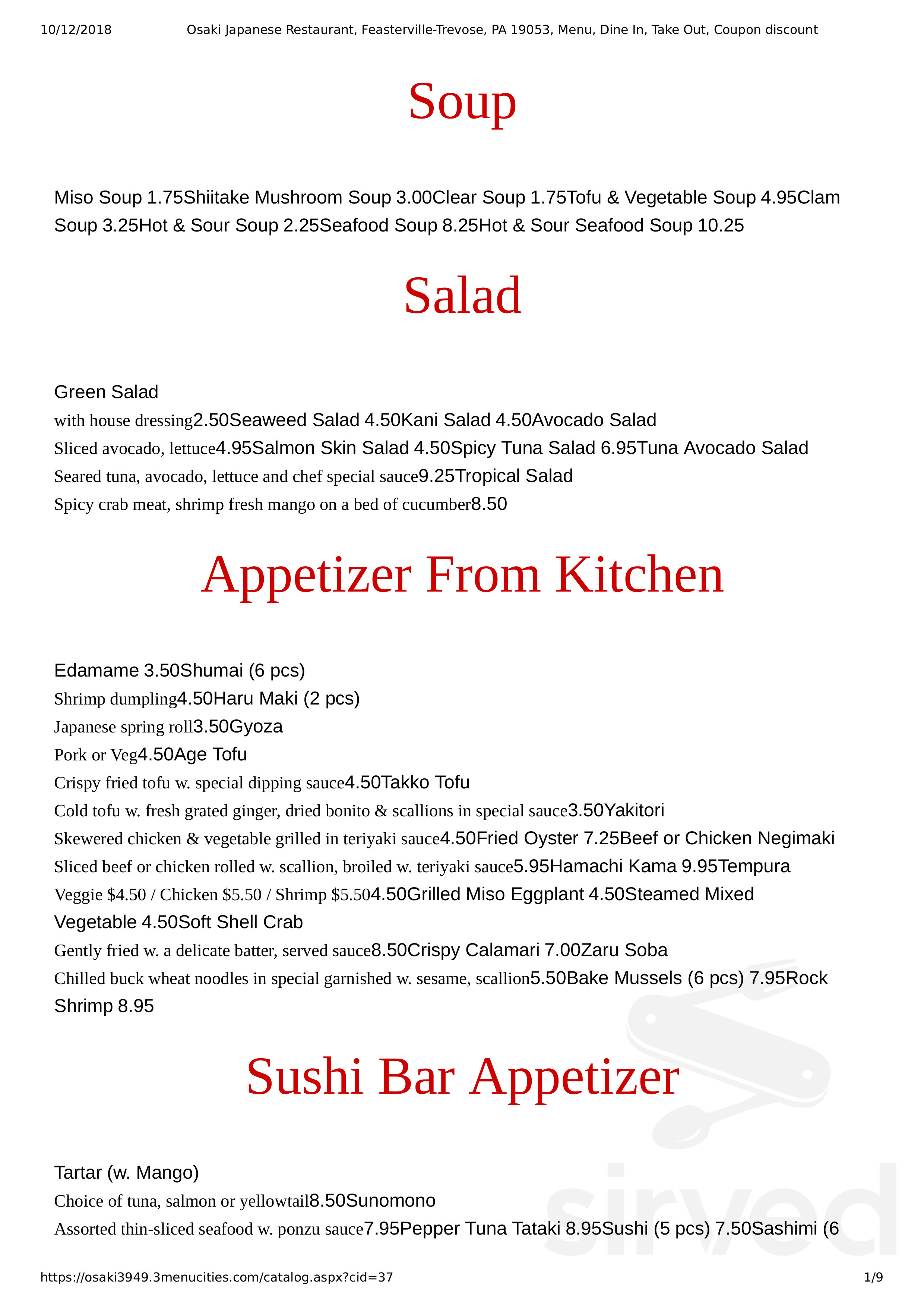 Osaki Japanese Cuisine menu in Trevose, Pennsylvania, USA