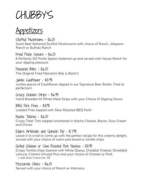 Chubby's menu in Macomb, Illinois, USA