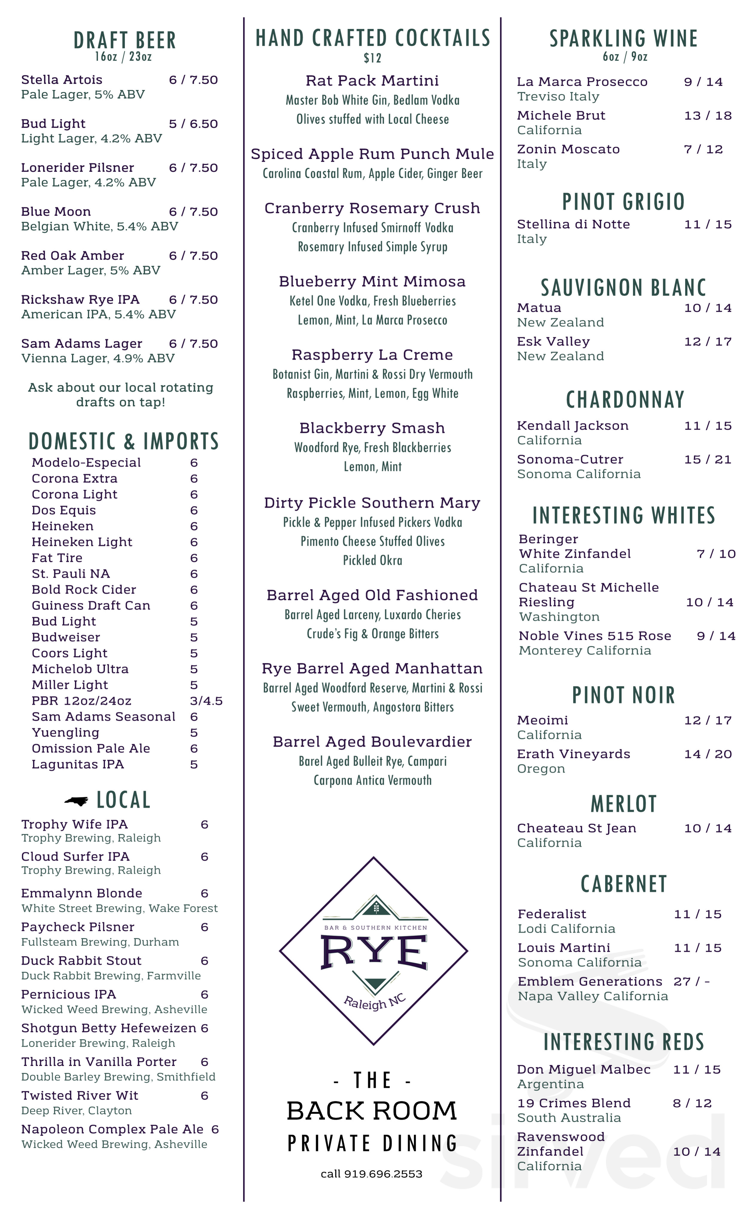 Menu - Raleigh NC's Rye Bar and Southern Kitchen | Sirved