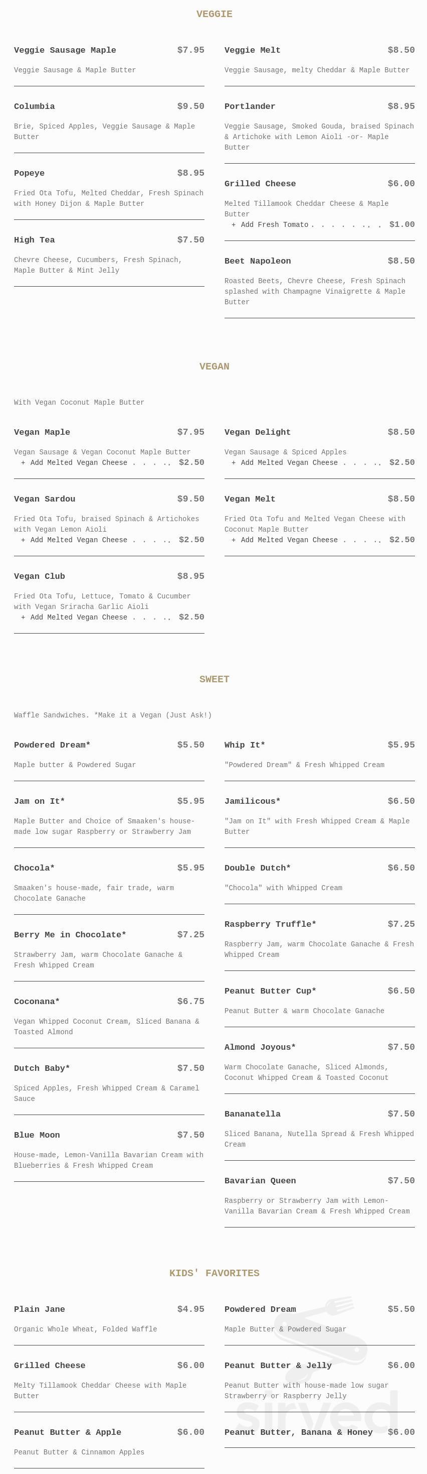 Smaaken Waffle Sandwiches menu in Portland, Oregon