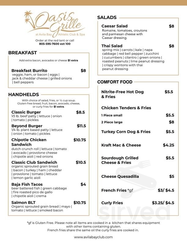 Avila Bay Athletic Club & Spa menu in Avila Beach, California, USA